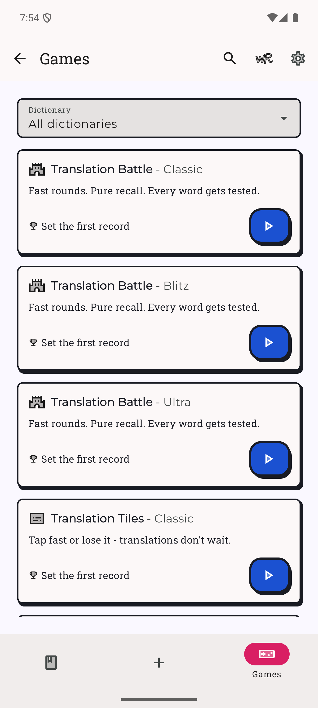 Wordee games screen on a Pixel 8 Pro showing Translation Battle and Translation Tiles game cards
