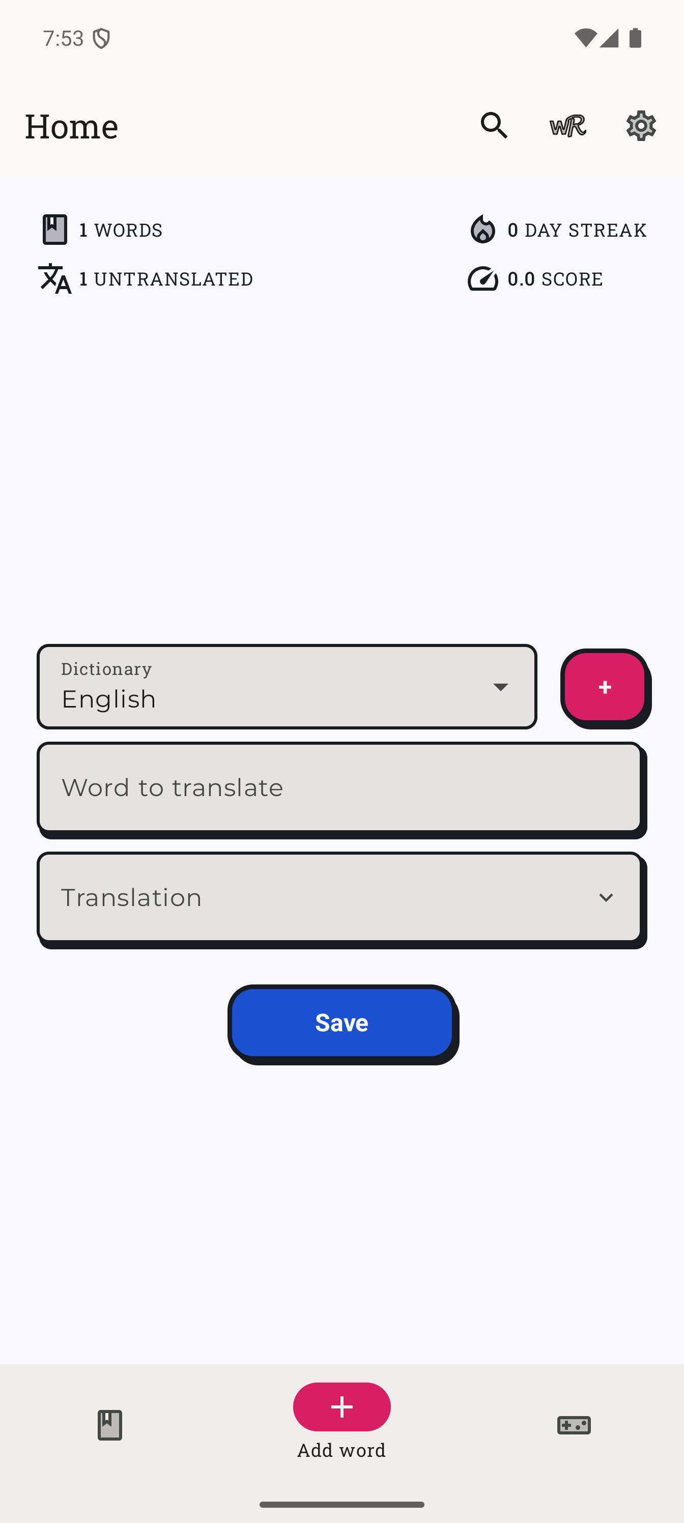 Wordee home screen on a Pixel 8 Pro showing the dictionary selector and add-word form